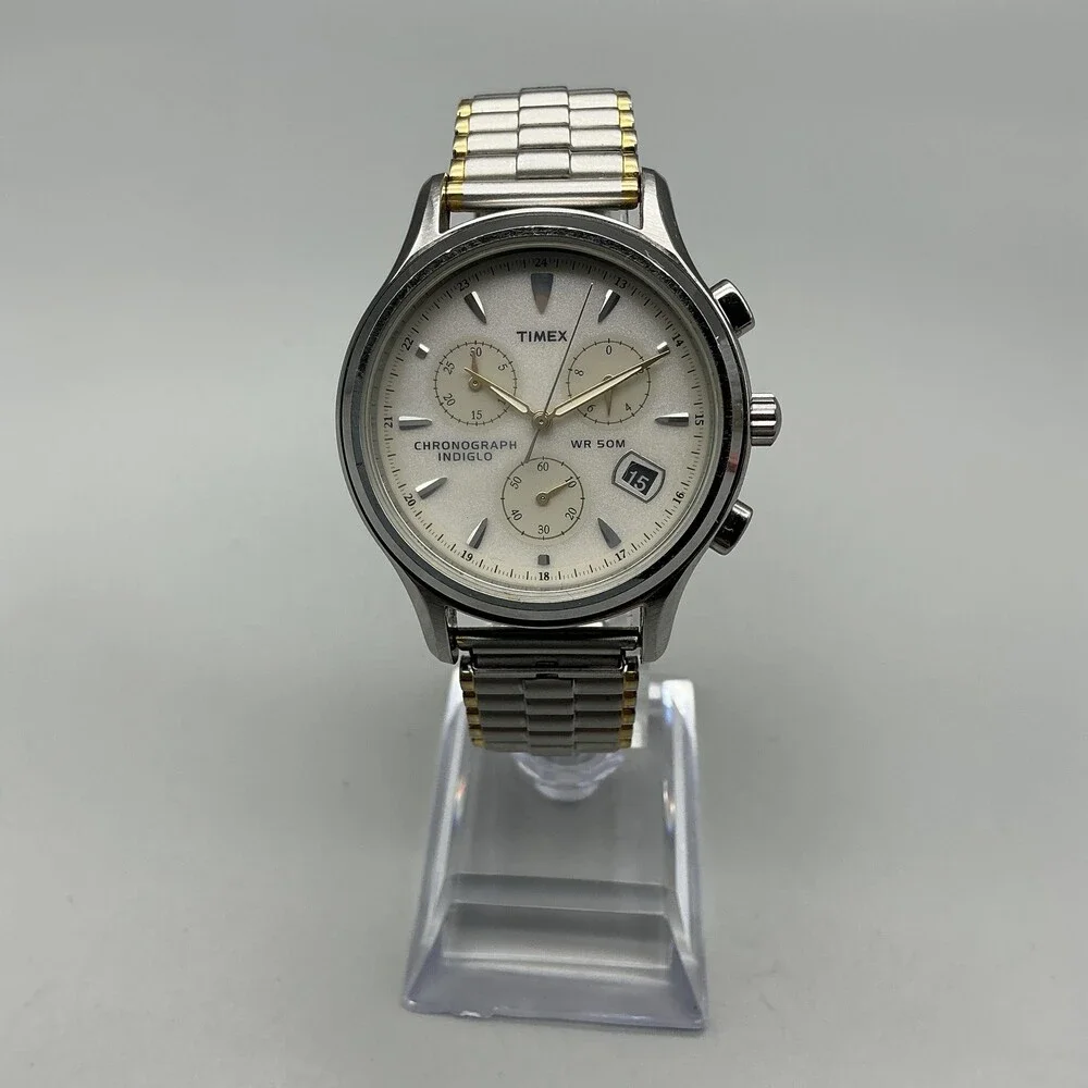 Timex Chronograph Indiglo Mens Watch 38mm Silver Tone Date Stretch New Battery